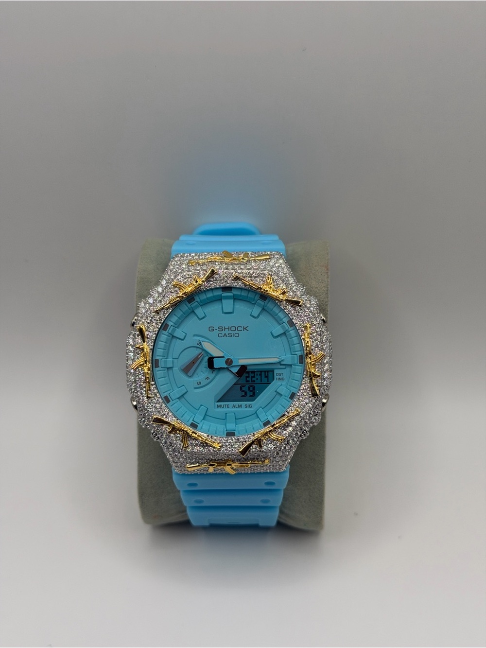 G-Shock Blue Resin Watch with Silver and Gold Accent Bezel